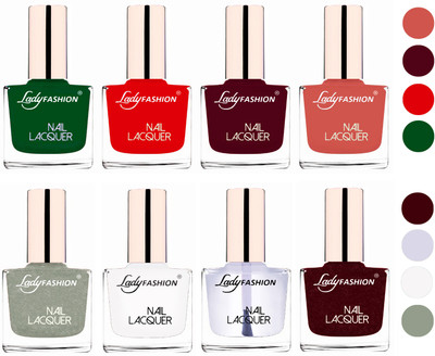 

Lady Fashion Ultra HI-Shine Quick Dry Nail Polish Combo Dark Green,Bright Red,Maroon,Nude,White,Top Coat,Maroon,Grey(Pack of 8)
