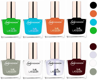 

Lady Fashion Ultra HI-Shine Quick Dry Nail Polish Combo Light Green,Sky Blue,Nude,Black,White,Top Coat,Maroon,Grey(Pack of 8)