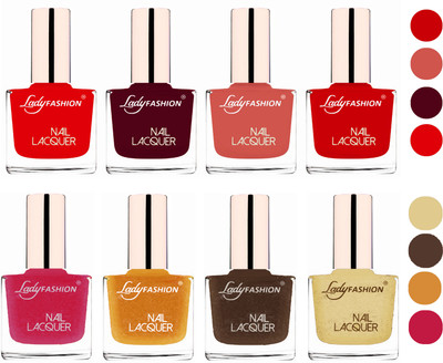 

Lady Fashion Ultra HI-Shine Quick Dry Nail Polish Combo Bright Red,Maroon,Nude,Juicy Red,Abricoat Rose,Golden,Mettalic Brown,Mettalic Gold(Pack of 8)
