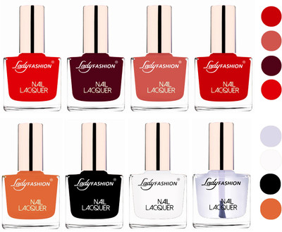 

Lady Fashion Ultra HI-Shine Quick Dry Nail Polish Combo Bright Red,Maroon,Nude,Juicy Red,Nude,Black,White,Top Coat(Pack of 8)