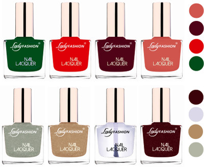 

Lady Fashion Ultra HI-Shine Quick Dry Nail Polish Combo Dark Green,Bright Red,Maroon,Nude,Top Coat,Maroon,Grey,Beach Nude(Pack of 8)