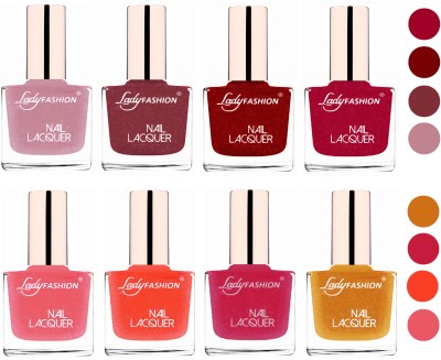 Lady FASHION Ultra HI-Shine Quick Dry Nail Polish Combo Mauve,Red,Bright Pink,Silky Purple,Silky Pink,Orange Silk,Abricoat Rose,Golden(Pack of 8)