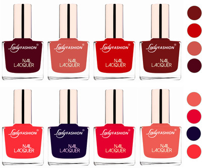 Lady Fashion Ultra HI-Shine Quick Dry Nail Polish Combo Maroon,Nude,Juicy Red,Coffee,Light Orange,Baby Pink,Blue,Sweet Red(Pack of 8)