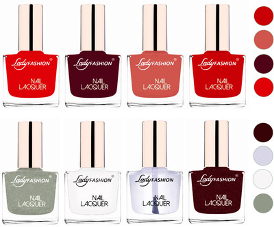 

Lady Fashion Ultra HI-Shine Quick Dry Nail Polish Combo Bright Red,Maroon,Nude,Juicy Red,White,Top Coat,Maroon,Grey(Pack of 8)