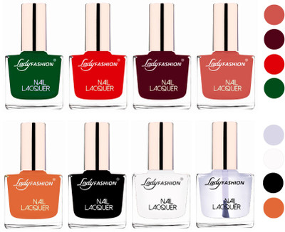 

Lady Fashion Ultra HI-Shine Quick Dry Nail Polish Combo Dark Green,Bright Red,Maroon,Nude,Nude,Black,White,Top Coat(Pack of 8)