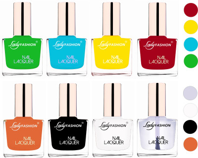 

Lady Fashion Ultra HI-Shine Quick Dry Nail Polish Combo Yellow,Dark Red,Light Green,Sky Blue,Nude,Black,White,Top Coat(Pack of 8)
