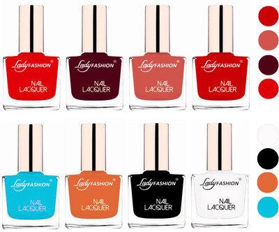 

Lady Fashion Ultra HI-Shine Quick Dry Nail Polish Combo Bright Red,Maroon,Nude,Juicy Red,Sky Blue,Nude,Black,White(Pack of 8)