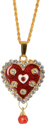 memoir Heart Shaped Red Meena and Kundan Locket Gold-plated Cubic Zirconia Brass Pendant
