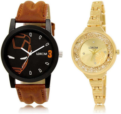 

LOREM OM-4-224 Designer Gold & Black Round Boy's & Girl's Metal Bracelet & Leather Watch - For Men & Women