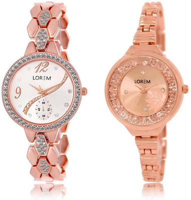 

LOREM SR-215-225 Attractive Rose Gold & Silver Round Girl's Metal Bracelet Watch - For Women