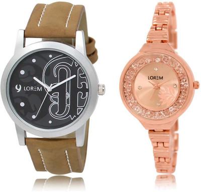 

LOREM SR-14-225 Attractive Rose Gold & Black Round Boy's & Girl's Metal Bracelet & Leather Watch - For Men & Women