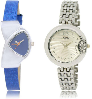 

LOREM SR-208-227 Attractive Silver & Blue Round & Triangle Girl's Metal Bracelet & Leather Watch - For Women
