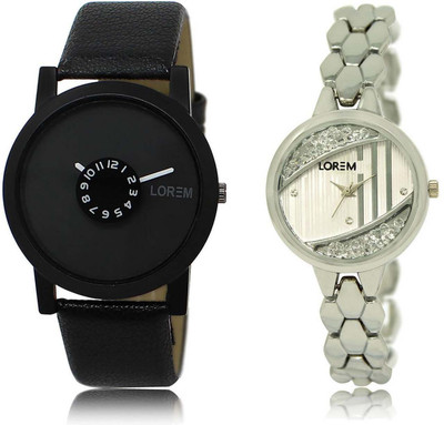 

LOREM SR-25-223 Attractive Silver & Black Round Boy's & Girl's Metal Bracelet & Leather Watch - For Men & Women