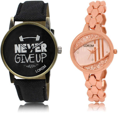

LOREM SR-27-222 Attractive Rose Gold & Black Round Boy's & Girl's Metal Bracelet & Leather Watch - For Men & Women