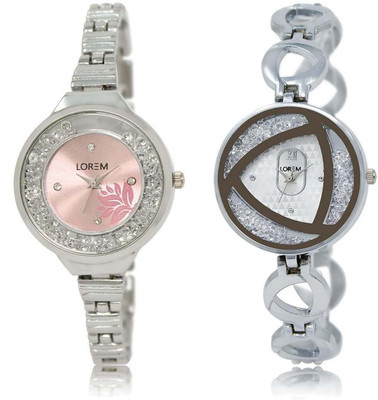 

LOREM SR-226-240 Attractive Silver & Pink Round Girl's Metal Bracelet Watch - For Women