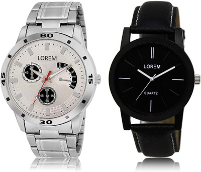

LOREM SR-5-101 Attractive Black & Silver Round Boy's Leather & Metal Bracelet Watch - For Men