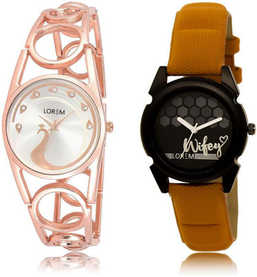 

LOREM SR-232-235 Attractive Black & Silver Round Girl's Leather & Metal Bracelet Watch - For Women