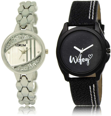 

LOREM SR-223-234 Attractive Black & Silver Round Girl's Leather & Metal Bracelet Watch - For Women