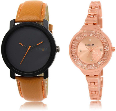 

LOREM SR-20-225 Attractive Rose Gold & Black Round Boy's & Girl's Metal Bracelet & Leather Watch - For Men & Women