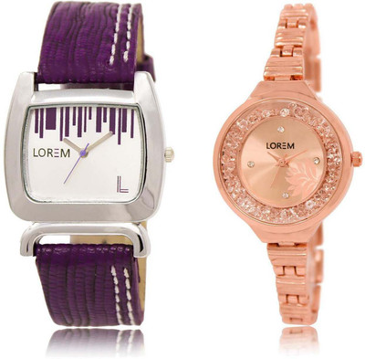 

LOREM SR-207-225 Attractive Rose Gold & White Round & Square Girl's Metal Bracelet & Leather Watch - For Women