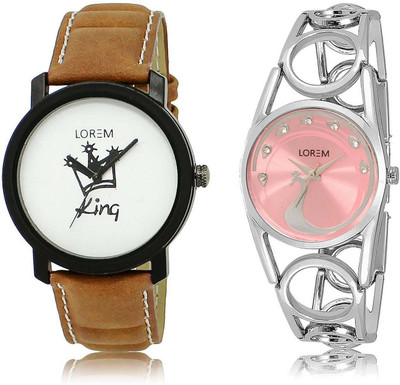 

LOREM SR-18-233 Attractive Pink & White Round Boy's & Girl's Metal Bracelet & Leather Watch - For Men & Women