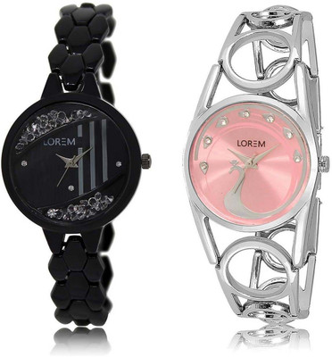 

LOREM SR-221-233 Attractive Pink & Black Round Girl's Metal Bracelet Watch - For Women