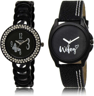 

LOREM SR-201-234 Attractive Black Round Girl's Leather & Metal Bracelet Watch - For Women