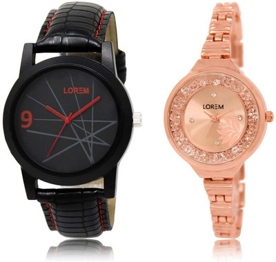 

LOREM OM-8-225 Designer Rose Gold & Black Round Boy's & Girl's Metal Bracelet & Leather Watch - For Men & Women