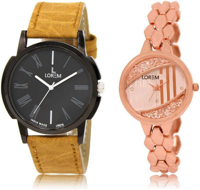 

LOREM SR-19-222 Attractive Rose Gold & Black Round Boy's & Girl's Metal Bracelet & Leather Watch - For Men & Women