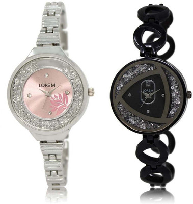 

LOREM SR-226-237 Attractive Silver & Pink Round Girl's Metal Bracelet Watch - For Women
