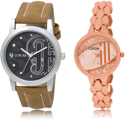 

LOREM SR-14-222 Attractive Rose Gold & Black Round Boy's & Girl's Metal Bracelet & Leather Watch - For Men & Women