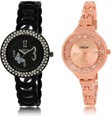 

LOREM SR-201-225 Attractive Rose Gold & Black Round Girl's Metal Bracelet Watch - For Women