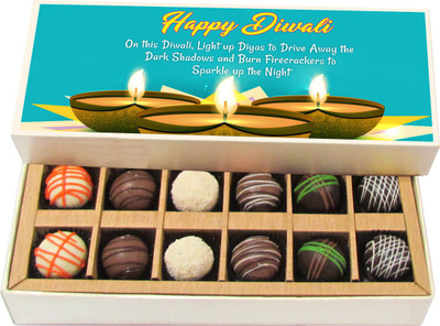 

Chocholik Diwali Sweets - On This Diwali, Light Up Diyas To Drive Away - White, Dark, Milk Chocolate Truffles - 12pc Truffles(180 g)