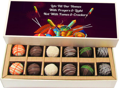 

Chocholik Diwali Sweets - May This Diwali Be As Bright As Ever - White, Dark, Milk Chocolate Truffles - 12pc Truffles(180 g)