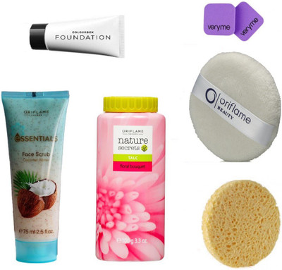 

Oriflame Sweden face care combo talc foundation scrub foundation sponge powder puff cleansing sponge(Set of 6)