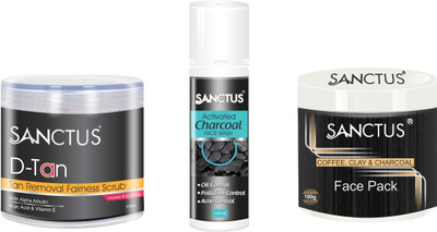 

SANCTUS D-TAN Tan Removal Fairness Scrub AND Activated Charcoal Face Wash AND Coffee, Clay & Charcoal Face Pack Combo (100gm + 100ml + 100gm)(Set of 3)