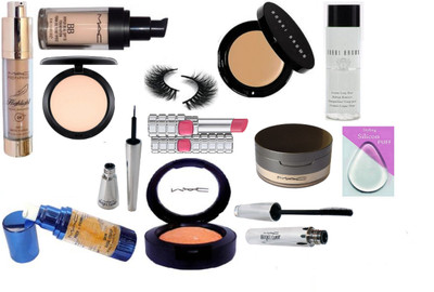 

Styling Silicon puff With bobbi brown Concealer & makeup remover With Mac Hyper real Foundation With brook candy Eyeliner With prep+prime primer & highlighter & pink shade blusher With Studio compact & face loose powder & matte finish lipstick(Set of 13)