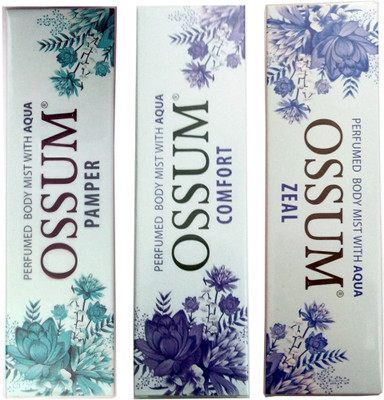 

OSSUM ZEAL PERFUMED BODY MIST 115 ML+COMFORT PERFUMED BODY MIST 115 ML+PAMPER PERFUMED BODY MIST 115 ML Deodorant Spray - For Men & Women(115 ml, Pack of 3)