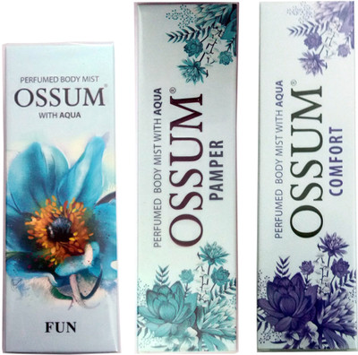 

OSSUM FUN PERFUMED BODY MIST 115 ML+PAMPER PERFUMED BODY MIST 115 ML+COMFORT PERFUMED BODY MIST 115 ML Deodorant Spray - For Men & Women(115 ml, Pack of 3)