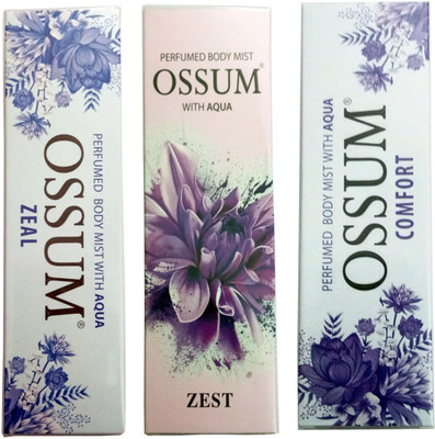 

OSSUM ZEST PERFUMED BODY MIST 115 ML+ZEAL PERFUMED BODY MIST 115 ML+COMFORT PERFUMED BODY MIST 115 ML Deodorant Spray - For Men & Women(120 ml, Pack of 3)