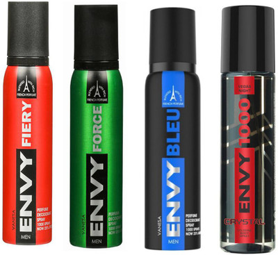 

ENVY FIERY DEODORANT 120 ML+FORCE DEODORANT 120 ML+ BLEU DEODORANT 120 ML+1000 CRYSTAL DEODORANT 120 ML Deodorant Spray - For Men & Women(120 ml, Pack of 4)