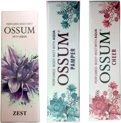 

OSSUM ZEST PERFUMED BODY MIST 115 ML+CHEER PERFUMED BODY MIST 115 ML+PAMPER PERFUMED BODY MIST 115 ML Deodorant Spray - For Women(115 ml, Pack of 3)