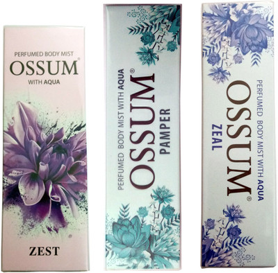 

OSSUM ZEST PERFUMED BODY MIST 115 ML+PAMPER PERFUMED BODY MIST 115 ML+ZEAL PERFUMED BODY MIST 115 ML Deodorant Spray - For Women(115 ml, Pack of 3)