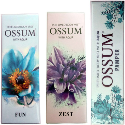 

OSSUM ZEST PERFUMED BODY MIST 115 ML+PAMPER PERFUMED BODY MIST 115 ML+FUN PERFUMED BODY MIST 115 ML Deodorant Spray - For Men & Women(115 ml, Pack of 3)