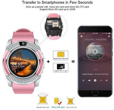 

MI-STS V8 Bluetooth Smartwatch With Sim & Tf Card Support With Apps Like Facebook And Whatsapp Touch Screen Multilanguage Android/Ios Mobile Phone Wrist Watch Phone With Activity Trackers And Fitness Band (Silver Dialar) Smartwatch(Pink Strap Free Size)