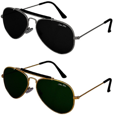 Silver Kartz Aviator Sunglasses(Black, Green)