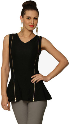 Miss Chase Party Sleeveless Solid Women Black Top