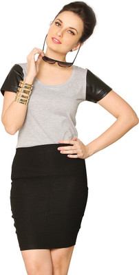 Miss Chase Casual Short Sleeve Solid Women Grey Top