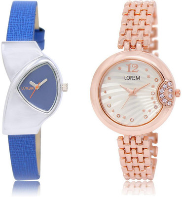 

LOREM FZ-208-228 COMBO Silver & Blue Round & Triangle Girl's Metal Bracelet & Leather Watch - For Women