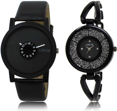 

LOREM OM-25-211 Designer Black Round Boy's & Girl's Metal Bracelet & Leather Watch - For Men & Women